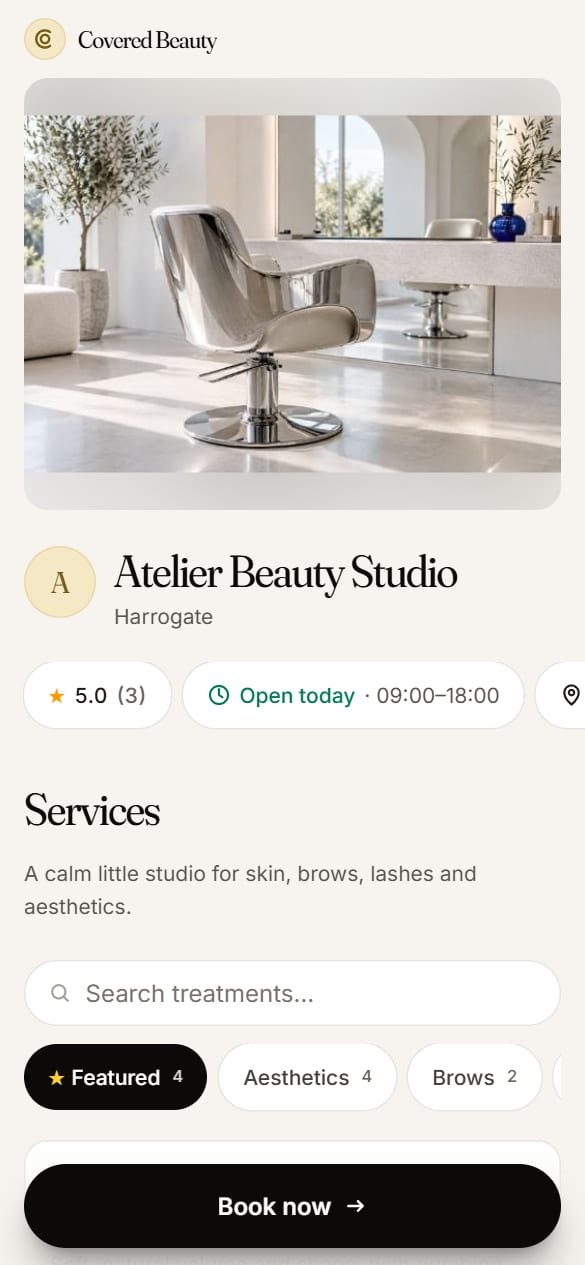 Mobile booking page in Covered Beauty