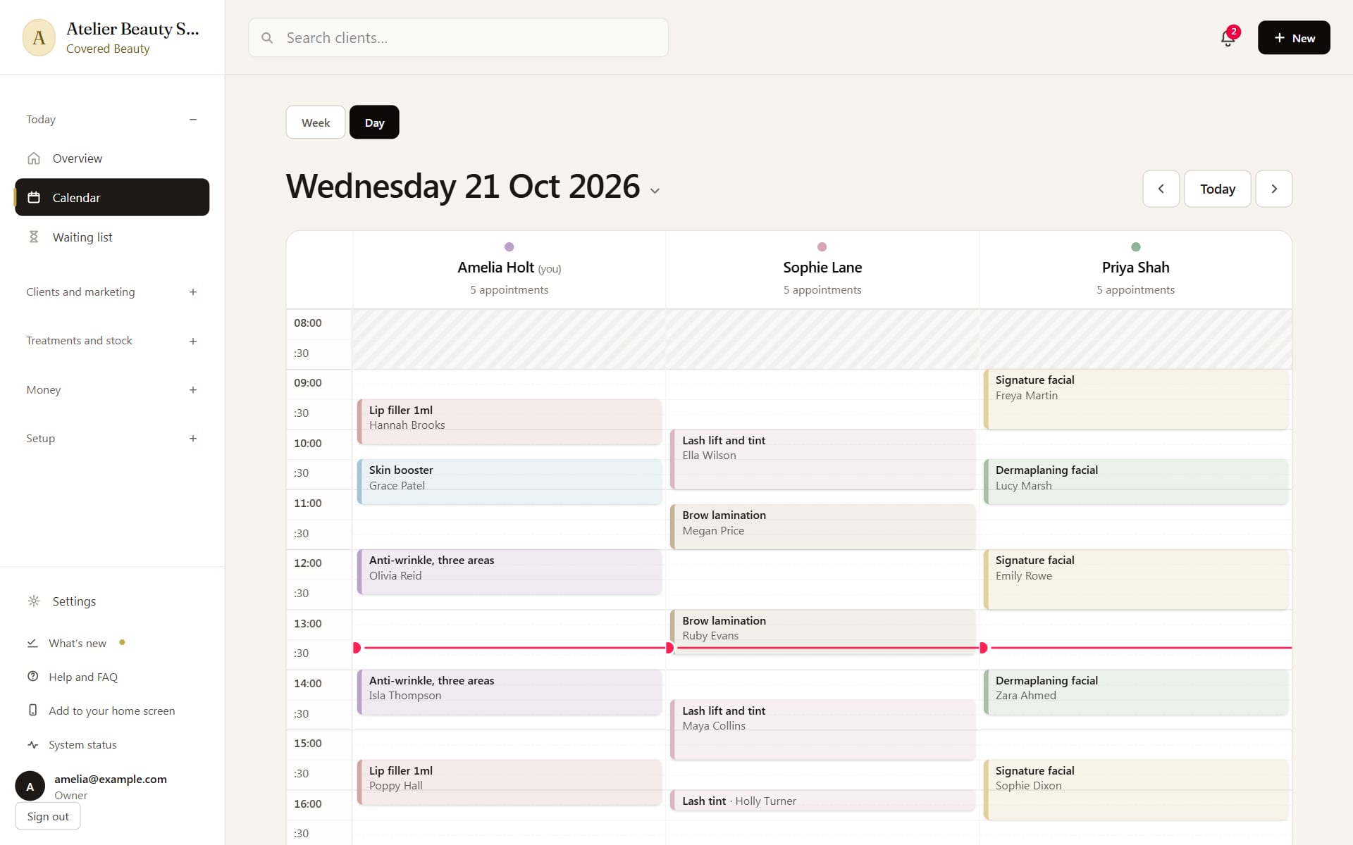 Appointment calendar in Covered Beauty