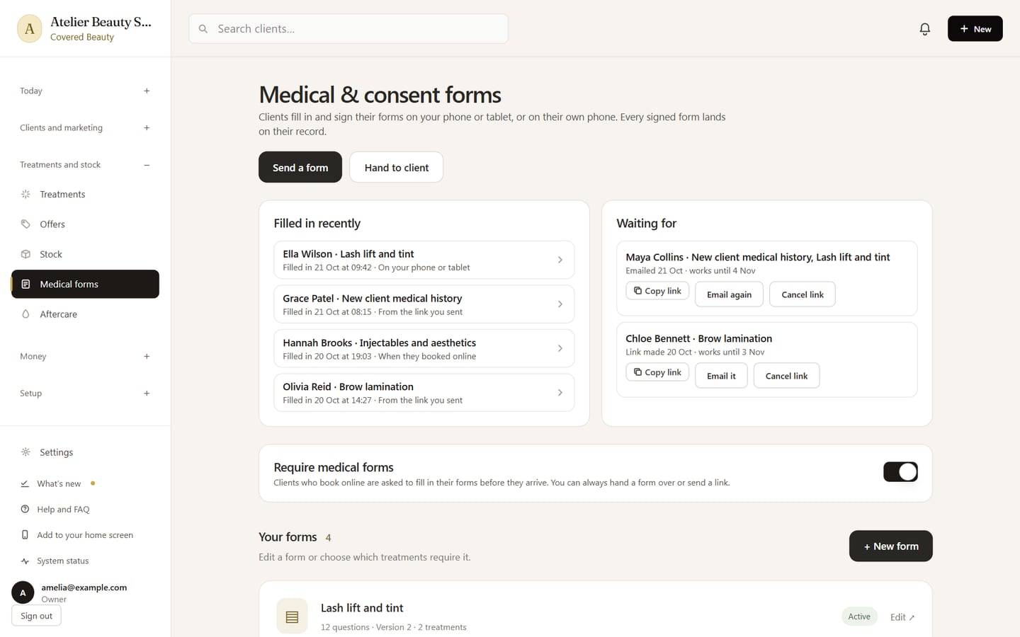 The Forms page in Covered Beauty, with Send a form and Hand to client, the forms filled in recently and the links still waiting to be filled in