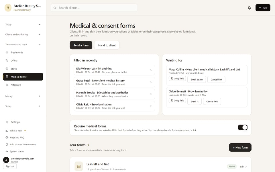 Medical and consent form management in Covered Beauty