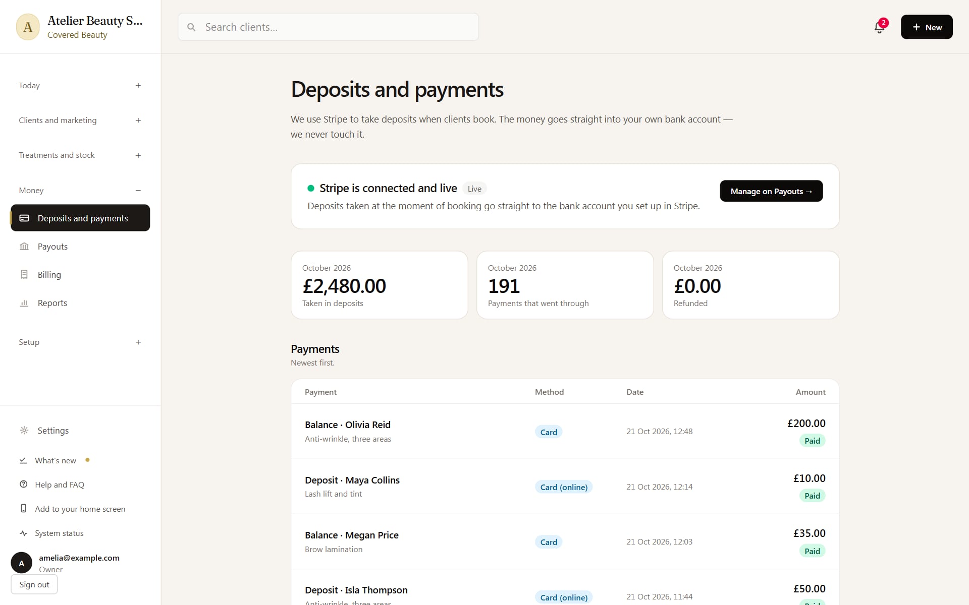 Deposits and payments in Covered Beauty